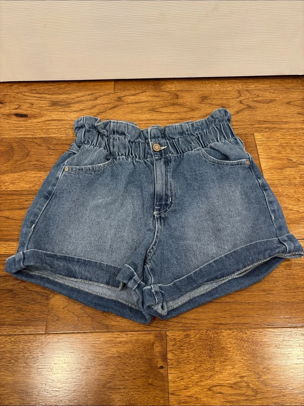 Sincerely Jules Medium Blue Paperbag Waist Denim Shorts